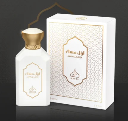 Rayef Awwal Musk 100ml perfume bottle featuring a luxurious blend of musk, floral, and woody notes. A unisex fragrance perfect for any occasion, available at Breeze Aura."