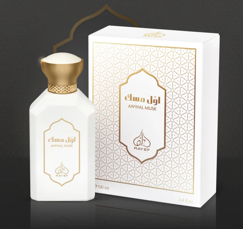 Rayef Awwal Musk 100ml perfume bottle featuring a luxurious blend of musk, floral, and woody notes. A unisex fragrance perfect for any occasion, available at Breeze Aura."