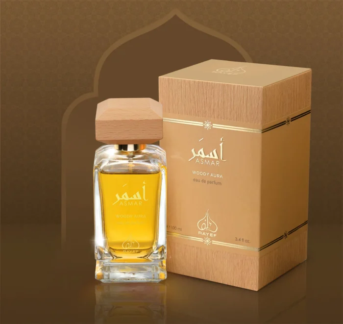 Rayef Asmar Woody Aura perfume bottle with an elegant design, featuring rich amber and woody tones. A sophisticated fragrance with warm, earthy notes, perfect for a bold and refined scent experience.