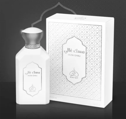 Rayef Musk Ghali 100ml perfume bottle featuring a luxurious blend of musk, floral, and amber notes. A unisex fragrance perfect for any occasion, available at Breeze Aura."