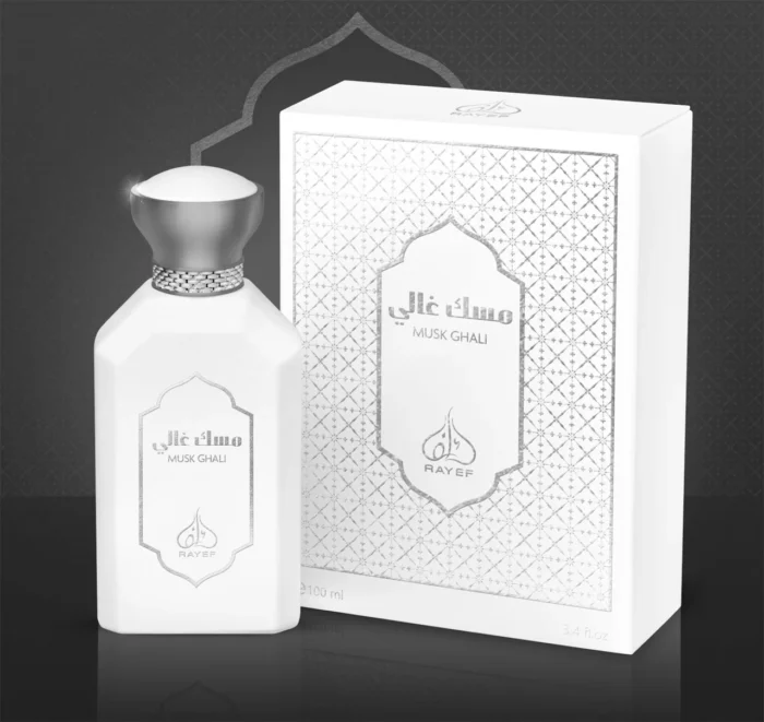 Rayef Musk Ghali 100ml perfume bottle featuring a luxurious blend of musk, floral, and amber notes. A unisex fragrance perfect for any occasion, available at Breeze Aura."