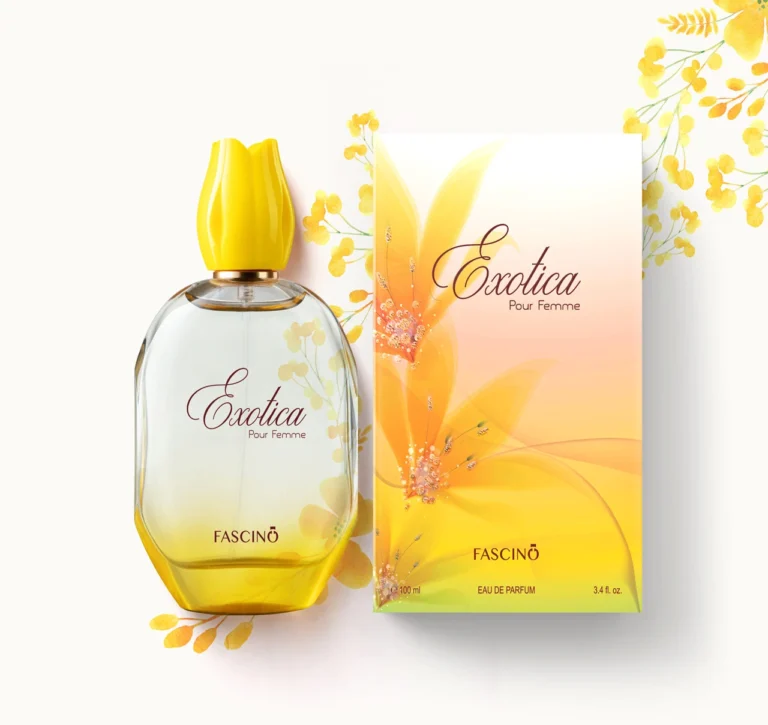 "Fascino Exotica 100ml – Unisex Eau de Parfum with exotic floral, fruity, and woody notes. Best perfume in Pakistan, available at Breeze Aura store."