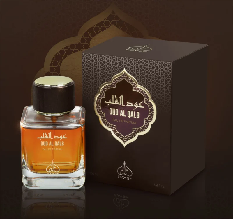 Rayef Oud Al Qalb 100ml perfume bottle featuring a luxurious blend of oud, floral, and amber notes. A unisex fragrance perfect for any occasion, available at Breeze Aura.