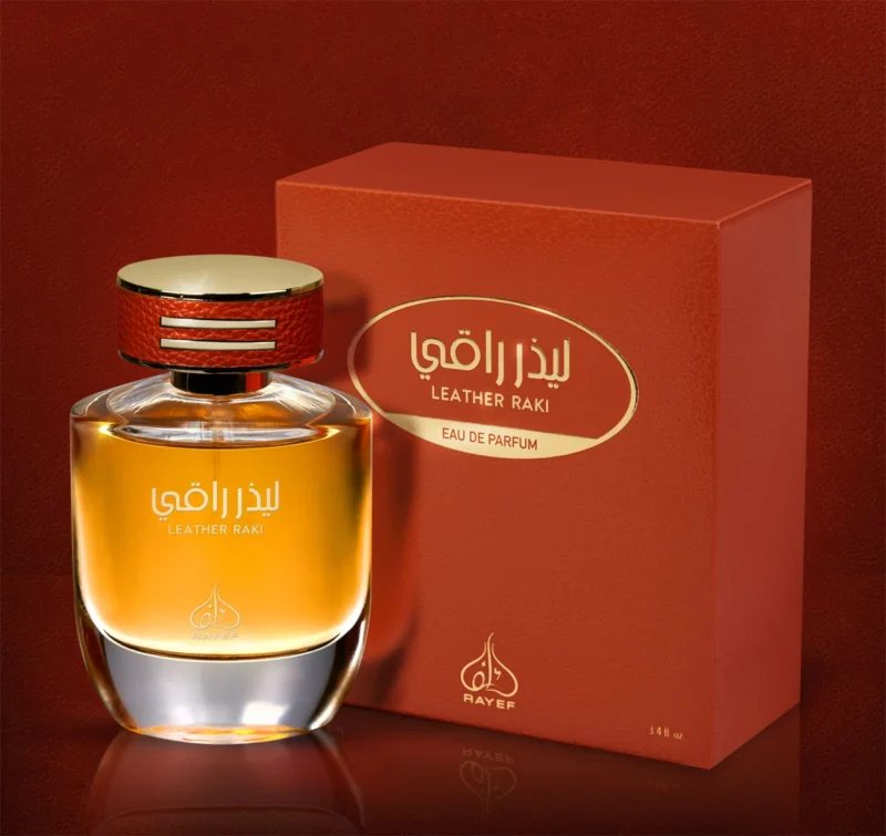 Rayef Leather Raki 100ml perfume bottle featuring a luxurious blend of leather, floral, and woody notes. A bold, unisex fragrance perfect for any occasion, available at Breeze Aura.
