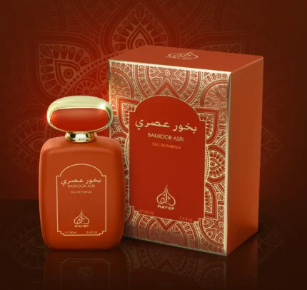 Rayef Bakhoor Asri 100ml perfume bottle featuring a luxurious blend of bakhoor, floral, and woody notes. A unisex fragrance perfect for any occasion, available at Breeze Aura.