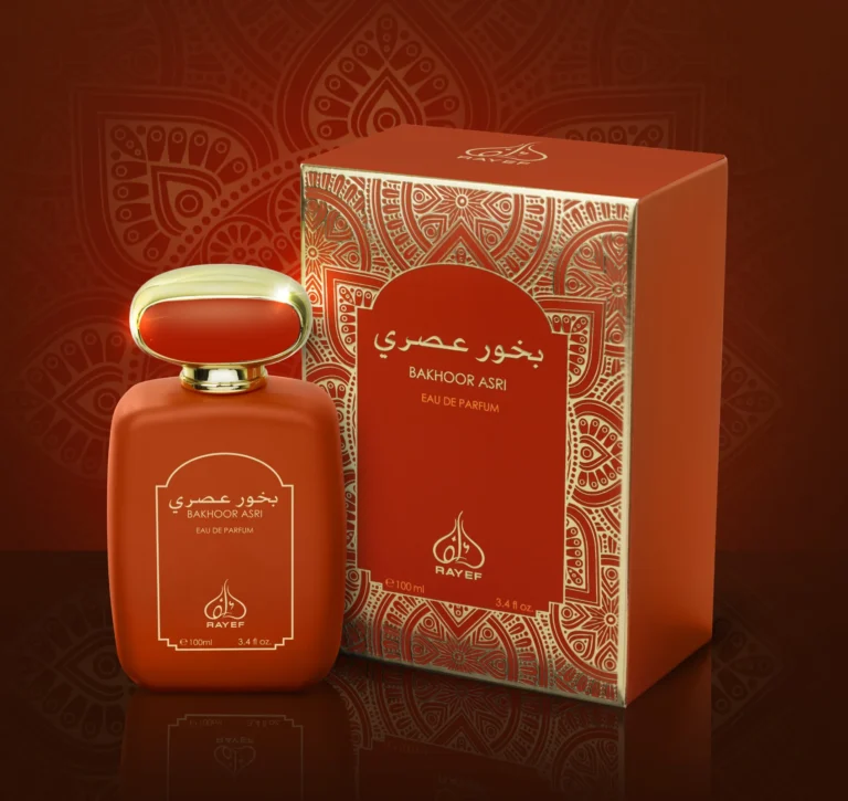 Rayef Bakhoor Asri 100ml perfume bottle featuring a luxurious blend of bakhoor, floral, and woody notes. A unisex fragrance perfect for any occasion, available at Breeze Aura.