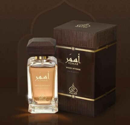 "Rayef Asmar Wood Intense 100ml perfume bottle featuring a luxurious blend of woody, floral, and amber notes. A bold, unisex fragrance perfect for any occasion, available at Breeze Aura."