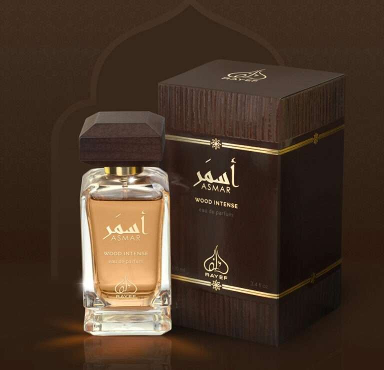 "Rayef Asmar Wood Intense 100ml perfume bottle featuring a luxurious blend of woody, floral, and amber notes. A bold, unisex fragrance perfect for any occasion, available at Breeze Aura."