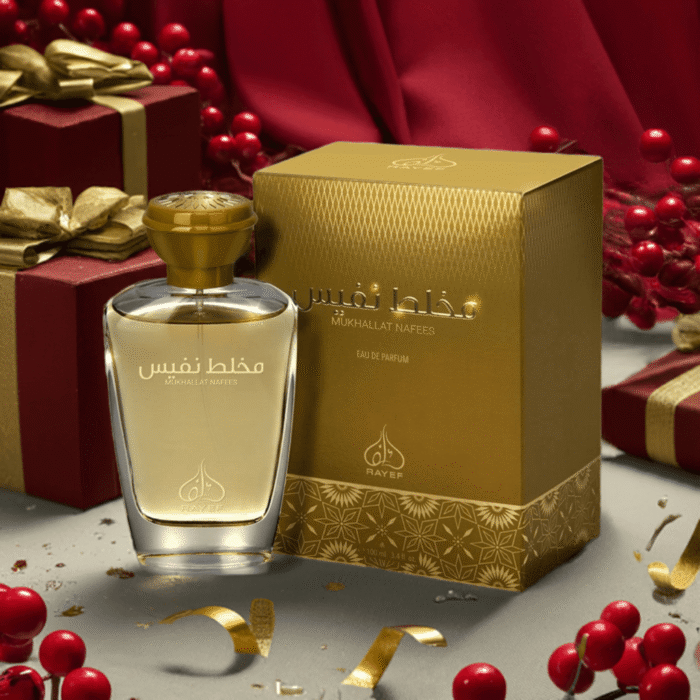 Rayef Mukhallat Nafees Eau de Parfum for women - 100ml bottle with luxurious packaging, highlighting its rich oriental fragrance and long-lasting scent. Perfect for daily wear or special occasions.