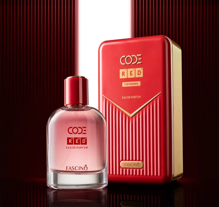 "Fascino Code Red 100ml – Premium Eau de Parfum for Men with spicy, woody, and amber notes. Best perfume in Pakistan, available at Breeze Aura store."