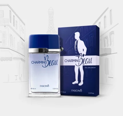 Fascino Charming Beau 100ml – A premium men’s fragrance with fresh citrus, woody, and musky notes. Long-lasting and sophisticated. Shop at Breeze Aura Store