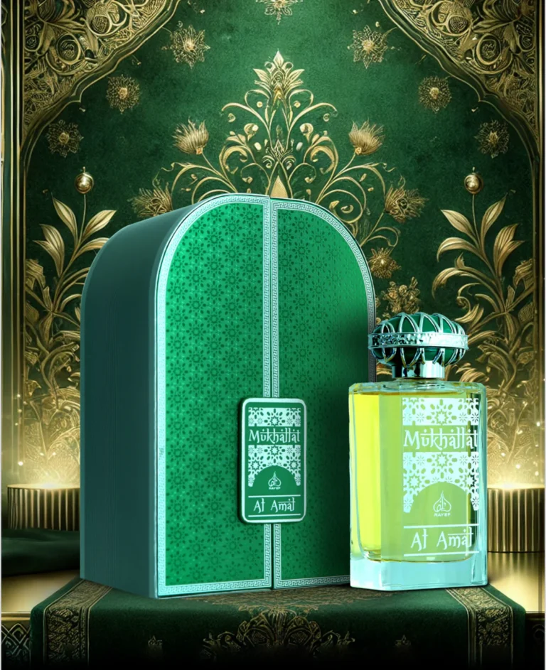 Rayef Mukhallat Al Amal perfume bottle with an elegant design, featuring a luxurious blend of citrus, floral, and woody notes. Known as the best perfume in Pakistan, available at Breeze Aura.