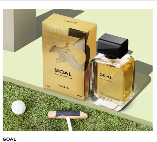 "Fascino Goal 100ml – Premium long-lasting fragrance with citrus, spicy, and woody notes. Best perfume in Pakistan, available at Breeze Aura.