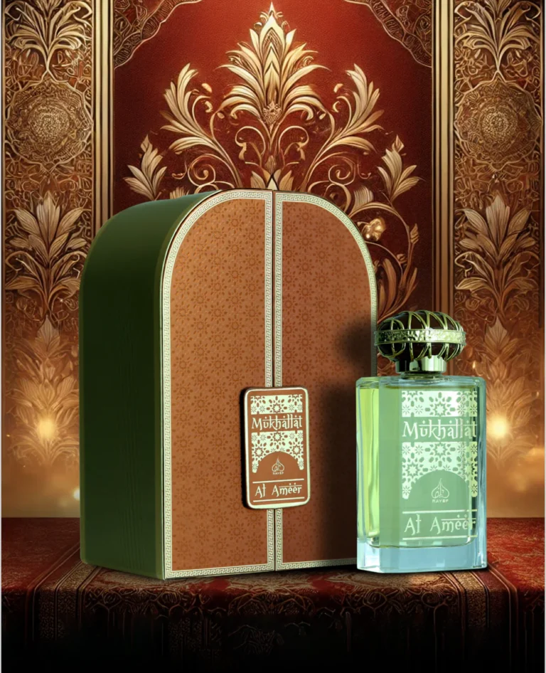 Alt Text: Rayef Mukhallat Al Ameer perfume bottle with an elegant, luxurious design. A sophisticated blend of citrus, floral, and woody notes, known as the best perfume in Pakistan. Available at Breeze Aura.