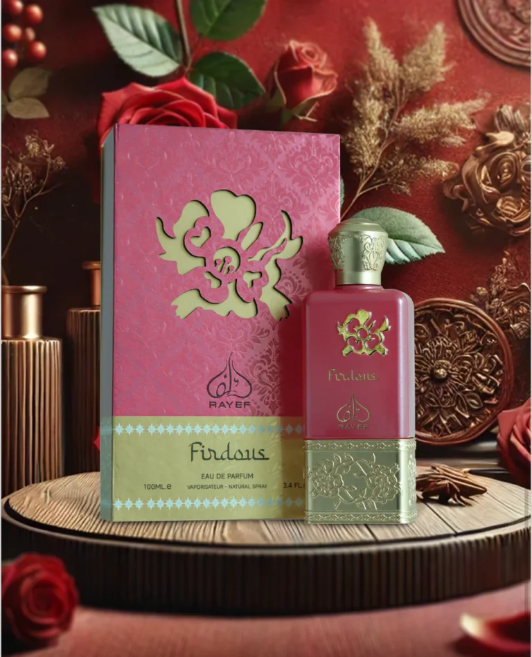 Rayef Firdous perfume bottle with an elegant design, offering a sophisticated blend of floral, woody, and musky notes. The best perfume in Pakistan, available at Breeze Aura.