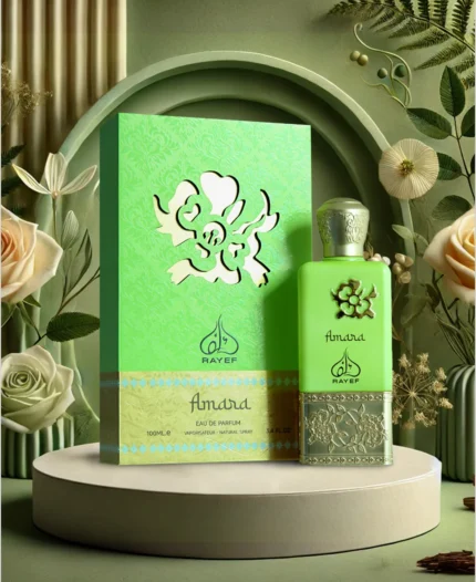 Rayef Amara perfume bottle with a sleek and elegant design, offering a sophisticated blend of floral, fruity, and oriental notes. The best perfume in Pakistan, available at Breeze Aura