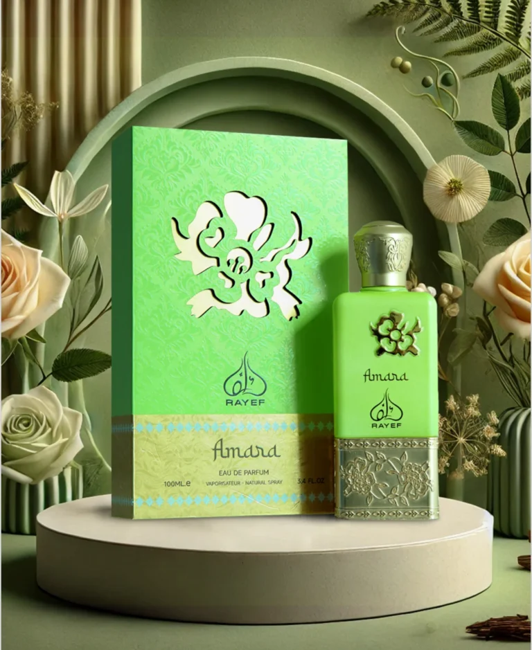 Rayef Amara perfume bottle with a sleek and elegant design, offering a sophisticated blend of floral, fruity, and oriental notes. The best perfume in Pakistan, available at Breeze Aura