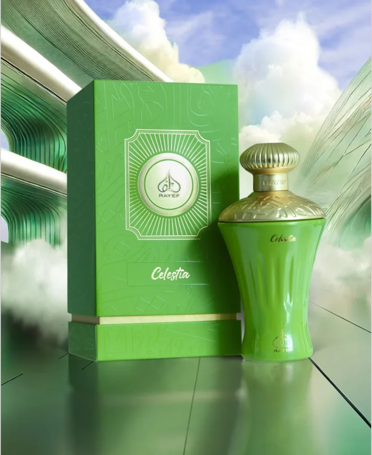 Rayef Celestia 100ml perfume bottle with a luxurious design, featuring a blend of citrus, floral, and woody notes. A unisex fragrance, celebrated as the best perfume in Pakistan, offering a sophisticated and long-lasting scent. Available at Breeze Aura