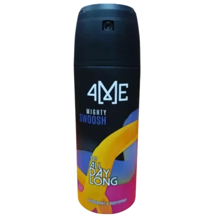 mage of 4Me Mighty Swoosh Deodorant A sleek 150ml can of 4Me Mighty Swoosh Deodorant with a modern design, featuring bold branding and a dynamic swoosh graphic, symbolizing its long-lasting, invigorating fragrance