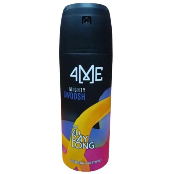 mage of 4Me Mighty Swoosh Deodorant A sleek 150ml can of 4Me Mighty Swoosh Deodorant with a modern design, featuring bold branding and a dynamic swoosh graphic, symbolizing its long-lasting, invigorating fragrance