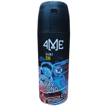 4me Game On Deodorant bottle with a sporty black and red design, positioned against a dynamic background