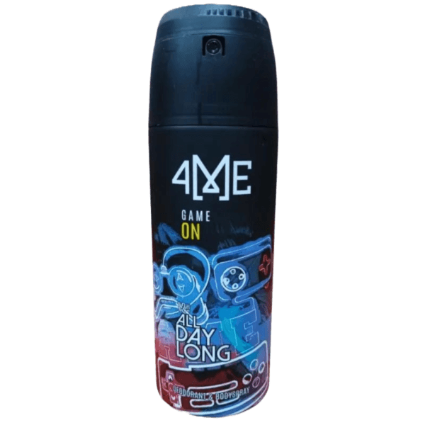4me Game On Deodorant bottle with a sporty black and red design, positioned against a dynamic background