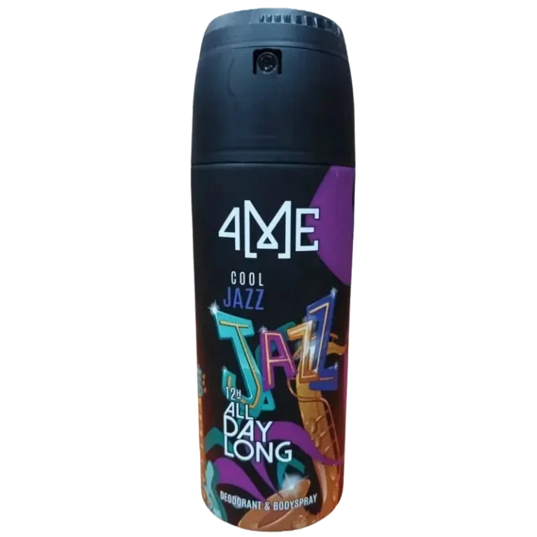 4Me Cool Jazz Deodorant 150ml bottle with a sleek design, labeled "12H All Day Long Body Spray.