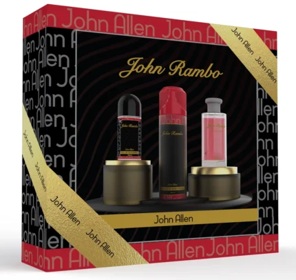 John Allen John Rambo Gift Box – Premium fragrance gift set for men in Pakistan, featuring Eau de Parfum, aftershave balm, and body spray in a stylish packaging. Available at Breeze Aura