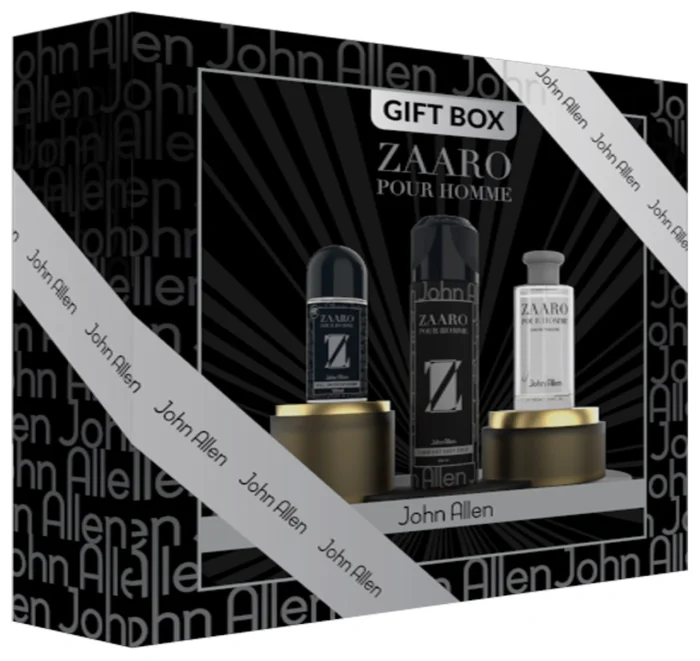 John Allen Zaaro Gift Box – Premium men's fragrance gift set in Pakistan with a long-lasting, sophisticated scent. Available at Breeze Aura Perfumes.