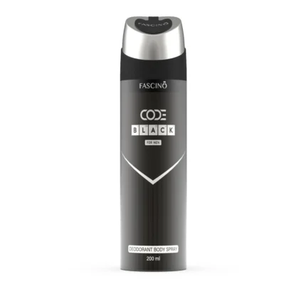 Fascino Code Black Deodorant Body Spray 200ml – Long-lasting masculine fragrance with woody, spicy, and musky notes. Available at Breeze Aura Perfumes in Pakistan