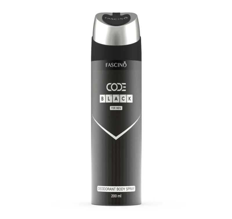 Fascino Code Black Deodorant Body Spray 200ml – Long-lasting masculine fragrance with woody, spicy, and musky notes. Available at Breeze Aura Perfumes in Pakistan