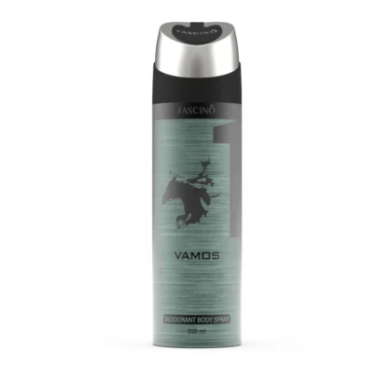 Fascino Vamos Deodorant Body Spray 200ml – Energizing citrus, woody, and aquatic fragrance for men. Long-lasting freshness available at Breeze Aura Perfumes in Pakistan.