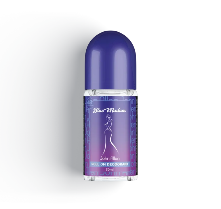 John Allen Blue Madam Roll On Deodorant – Elegant floral, fruity, and musky fragrance with 24-hour sweat and odor protection. Buy now from Breeze Aura in Pakistan