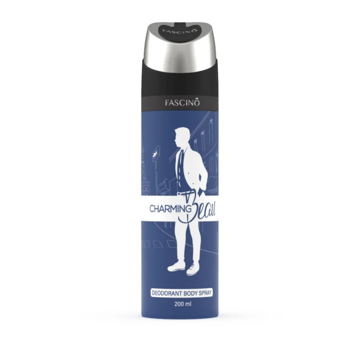 Fascino Charming Hill Deodorant Body Spray 200ml – Sleek 200ml spray bottle with citrus, floral, and woody fragrance notes, offering 48-hour freshness. Dermatologically tested and best deodorant in Pakistan.