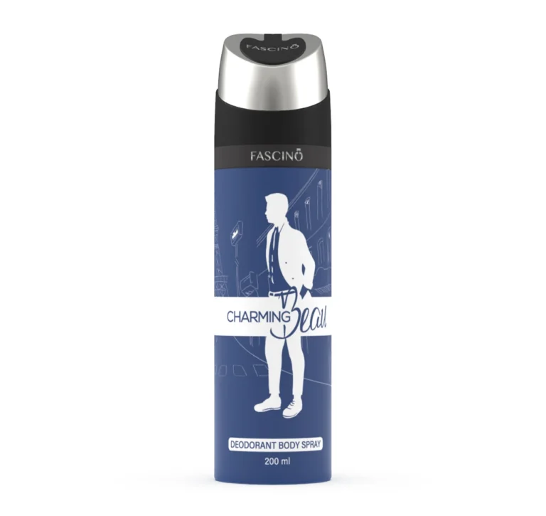 Fascino Charming Hill Deodorant Body Spray 200ml – Sleek 200ml spray bottle with citrus, floral, and woody fragrance notes, offering 48-hour freshness. Dermatologically tested and best deodorant in Pakistan.
