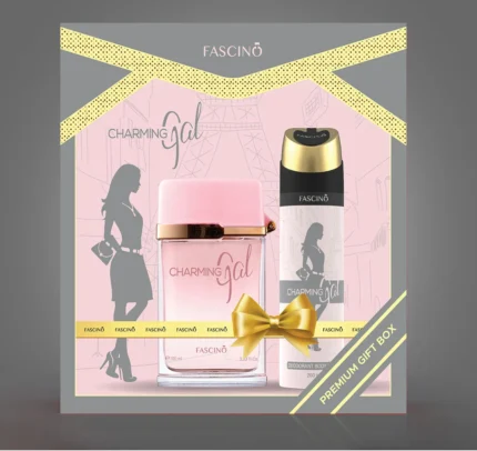 Fascino Gift Box Charming Gal – Premium women’s fragrance gift box in Pakistan with fruity, floral, and musky notes.