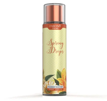 Fascino Spring Drops Body Mist 250ml — Premium floral and fruity body mist for long-lasting freshness, available at Breeze Aura Store