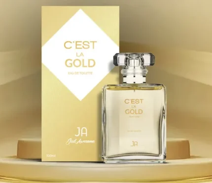 Just Awesome C’est La Gold perfume bottle – luxurious citrus, floral, and musky unisex fragrance.