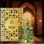 Rayef Oud Al Jana 15ml concentrated perfume oil in a premium glass bottle – luxurious, alcohol-free attar made in Dubai, available in Pakistan
