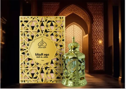 Rayef Oud Al Jana 15ml concentrated perfume oil in a premium glass bottle – luxurious, alcohol-free attar made in Dubai, available in Pakistan