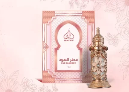 Rayef Oud Cambody 15ml attar in an elegant glass bottle – alcohol-free, unisex concentrated perfume oil with rich Cambodian oud and amber notes.