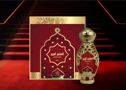 Rayef Amber Emir 20ml attar bottle – alcohol-free unisex fragrance oil with amber, oud, and musk notes from Dubai.