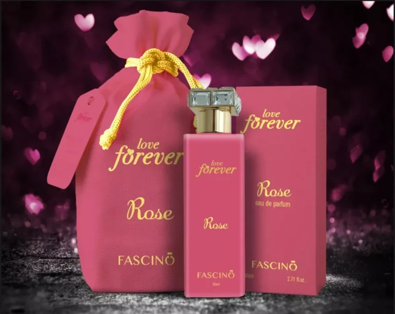 Elegant bottle of Fascino Love Forever Rose perfume with floral and romantic vibes, perfect for women who love long-lasting floral fragrances.