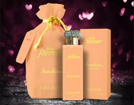 A bottle of Fascino Love Forever Sunshine perfume with a vibrant, sunny design, capturing the fresh, citrusy, and floral essence of summer.