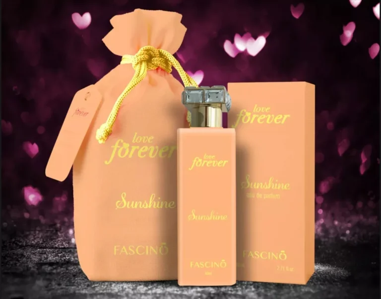 A bottle of Fascino Love Forever Sunshine perfume with a vibrant, sunny design, capturing the fresh, citrusy, and floral essence of summer.