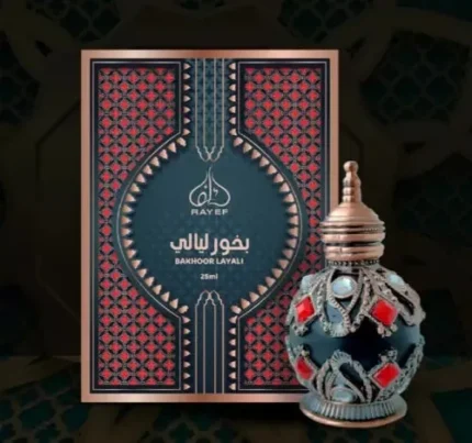 Rayef Bakhoor Layali 25ml concentrated perfume oil in an elegant bottle – premium attar from Dubai, available in Pakistan