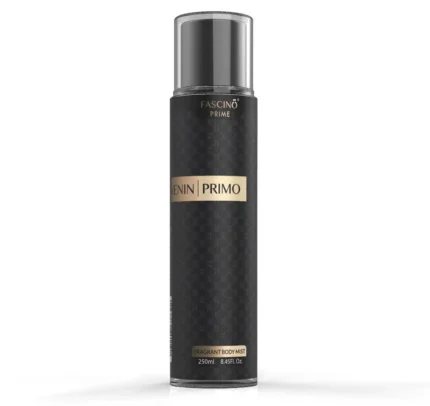 Fascino Enin Primo 250ml body mist bottle with elegant packaging, placed on a minimal background representing freshness and fragrance
