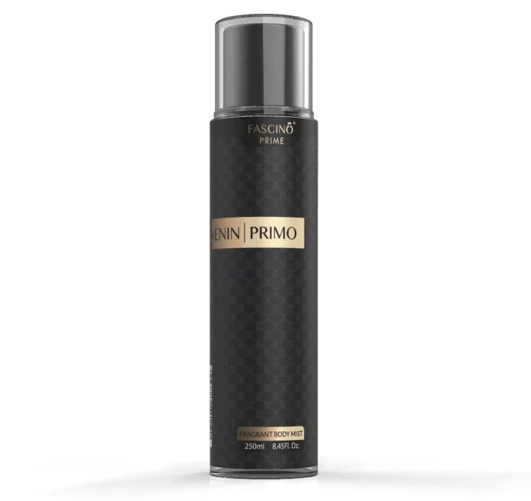 Fascino Enin Primo 250ml body mist bottle with elegant packaging, placed on a minimal background representing freshness and fragrance