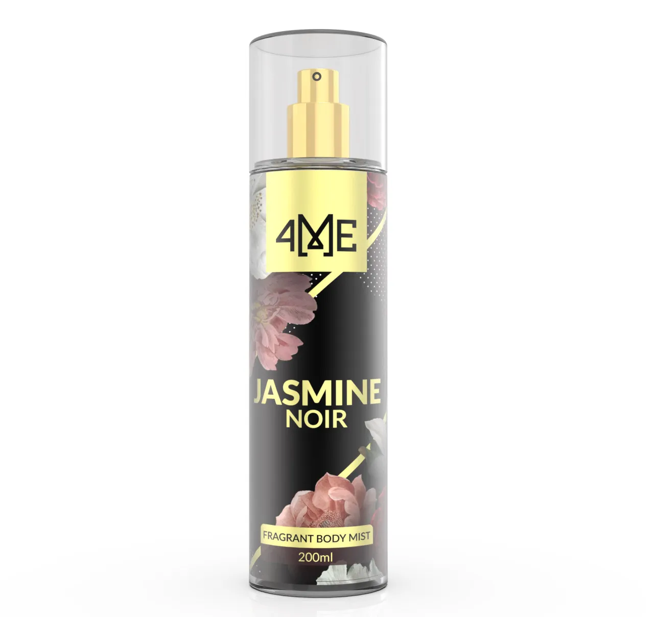 4ME Jasmine Noir Body Mist bottle with elegant design, featuring fresh jasmine, vanilla, and amber fragrance notes
