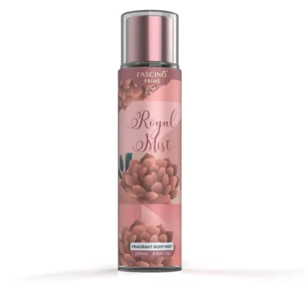 Fascino Royal Mist 250ml body mist bottle with luxurious, elegant packaging showcasing its floral and amber fragrance.